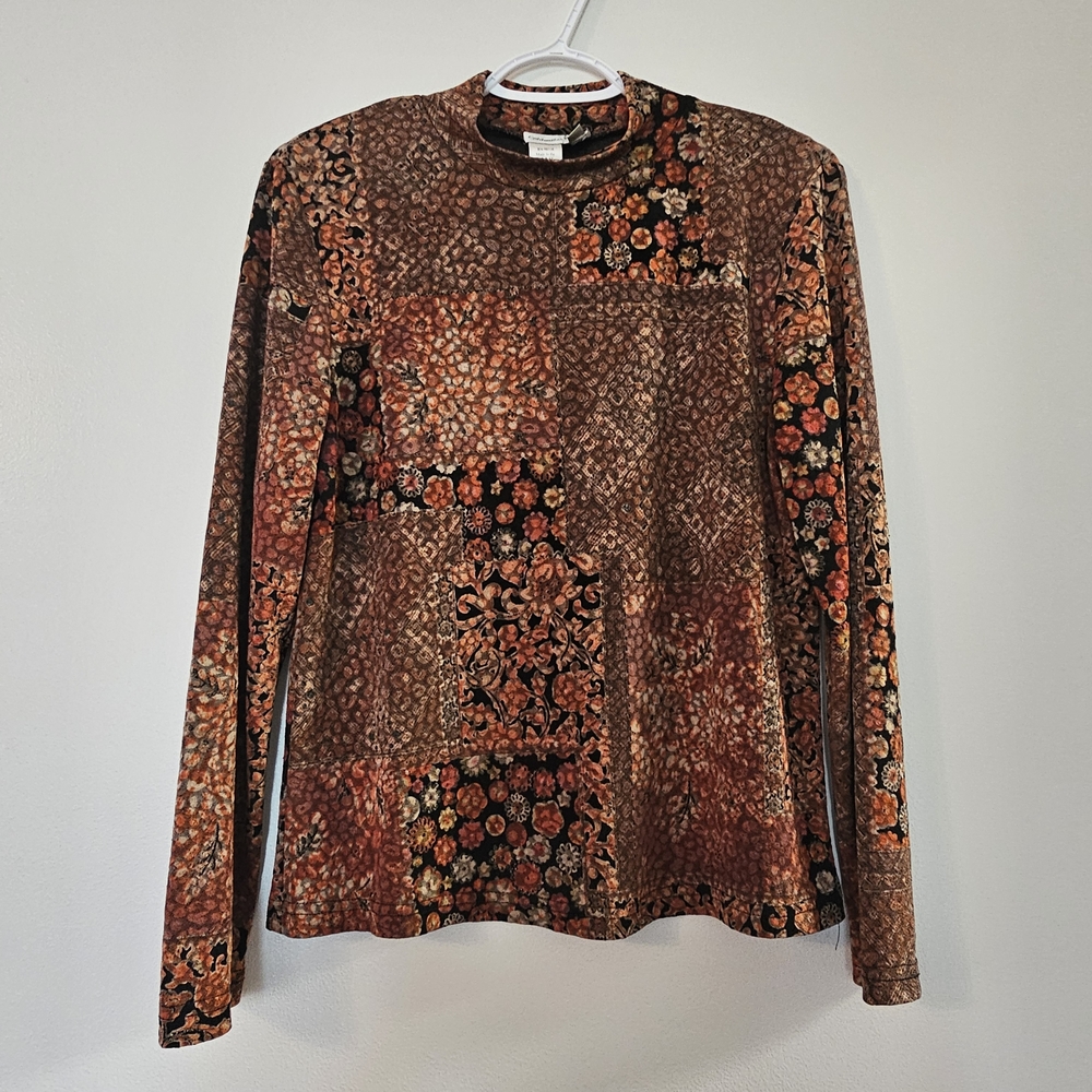 Coldwater Creek Red Floral Long Sleeve Top Mock Neck Boho Whimsigoth Medium